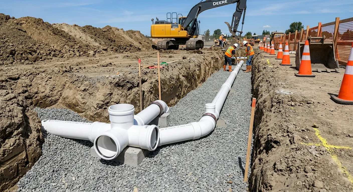 New PVC sewer pipe installation in open trench for Sewer Backup in Port Orange