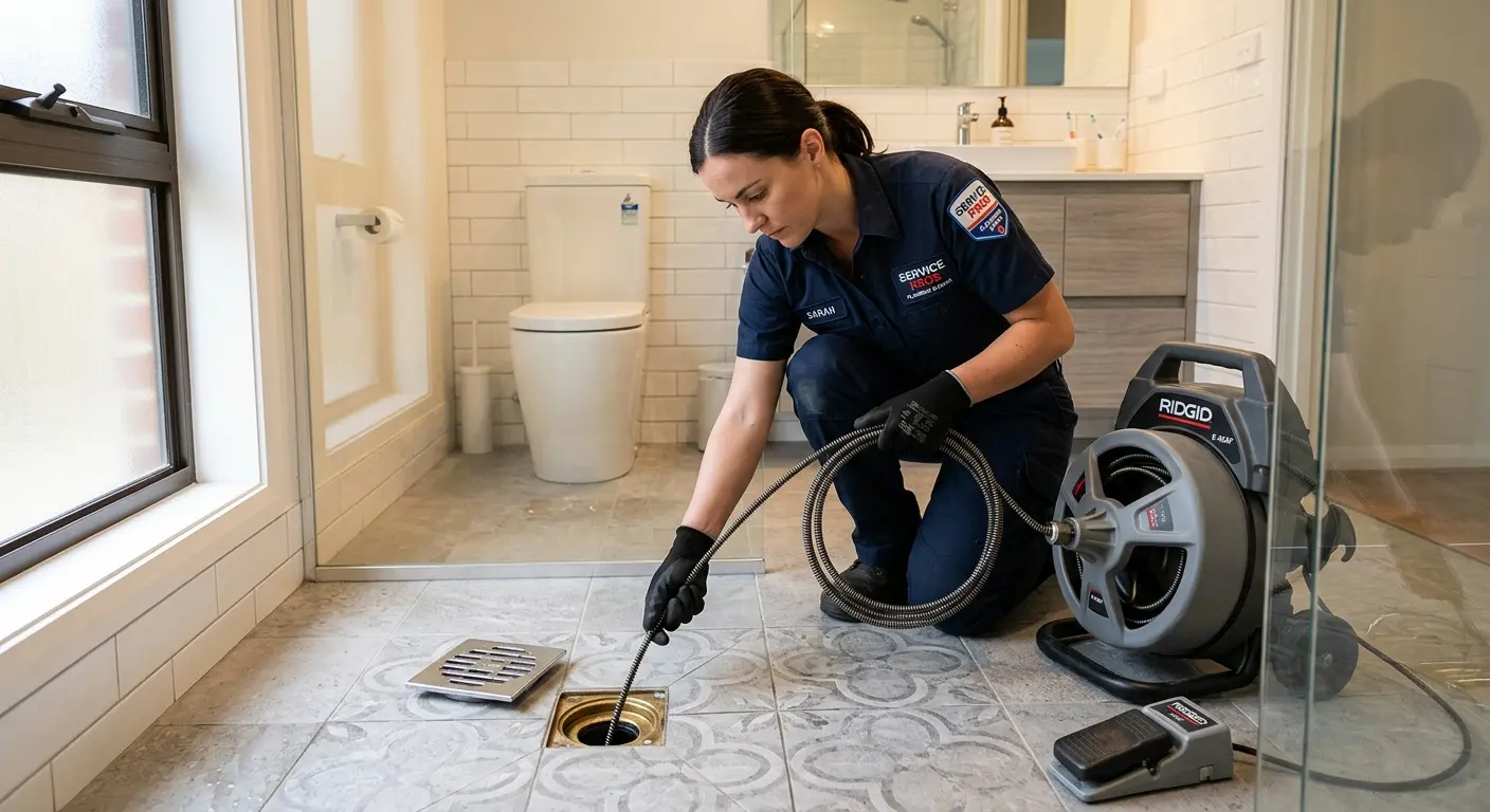 Technician clearing a bathroom floor drain for Hydro Jetting in Port Orange